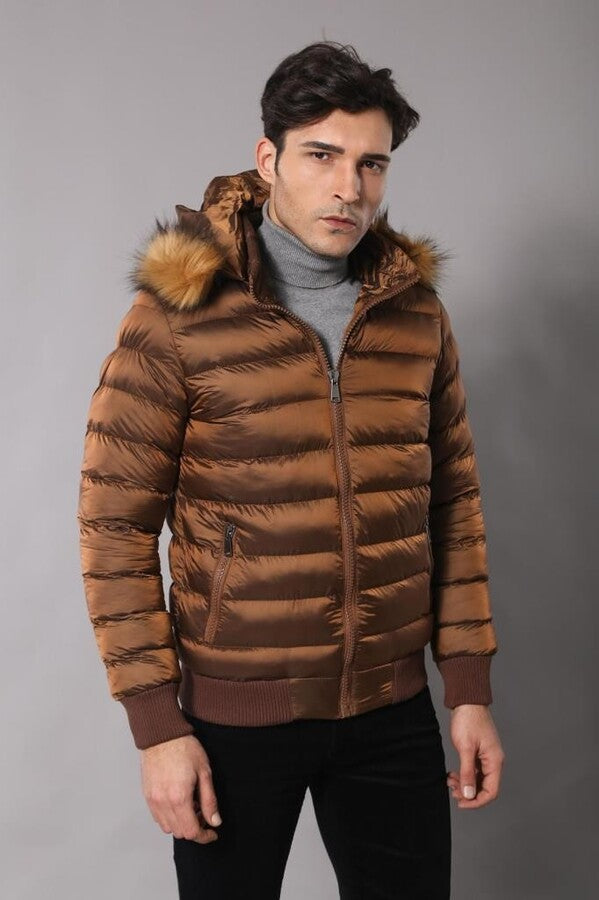 Fur Hooded Men's Puffer Coat in Tan | Wessi