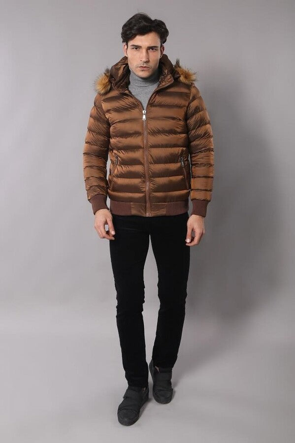 Fur Hooded Men's Puffer Coat in Tan | Wessi