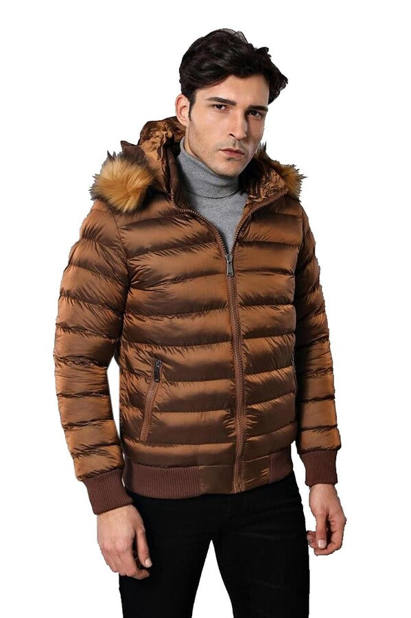 Fur Hooded Men's Puffer Coat in Tan | Wessi