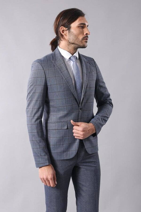 Grey Checked Men's Slim Fit Blazer - Wessi