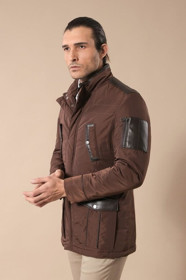 Leather Modeled Brown Slim Fit Quilted Jacket - Wessi