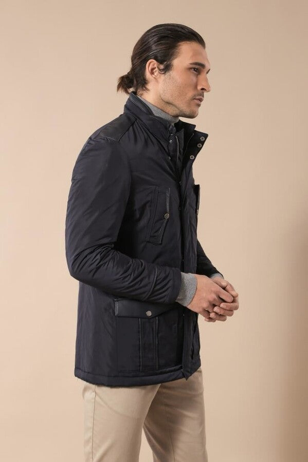 Leather Modeled Navy Blue Slim Fit Quilted Jacket - Wessi