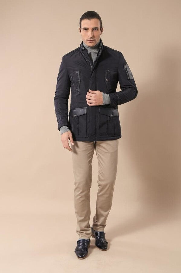 Leather Modeled Navy Blue Slim Fit Quilted Jacket - Wessi