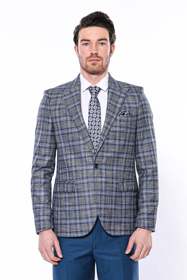 Checked Slim-Fit Single Button Navy Blue Men Blazer - Wessi