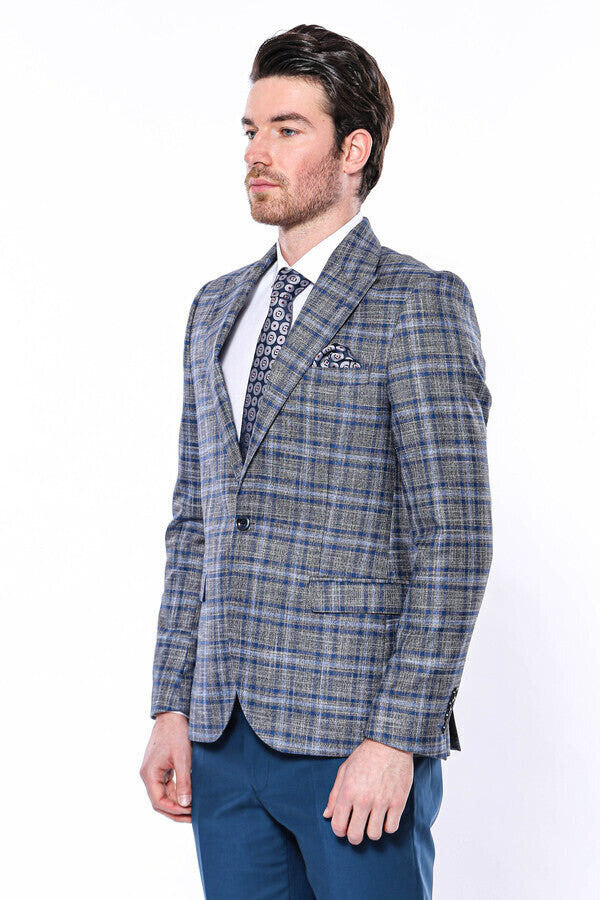 Checked Slim-Fit Single Button Navy Blue Men Blazer - Wessi