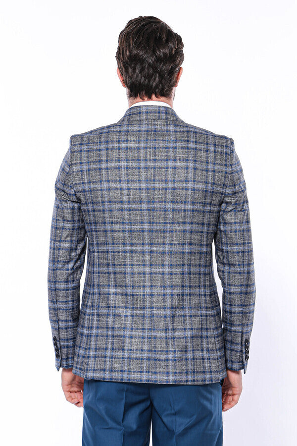 Checked Slim-Fit Single Button Navy Blue Men Blazer - Wessi