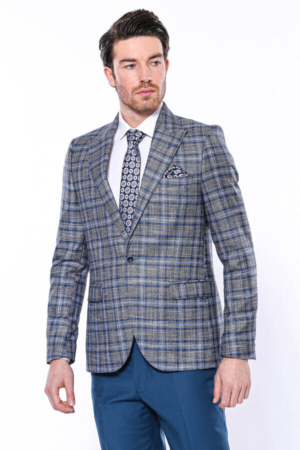 Checked Slim-Fit Single Button Navy Blue Men Blazer - Wessi