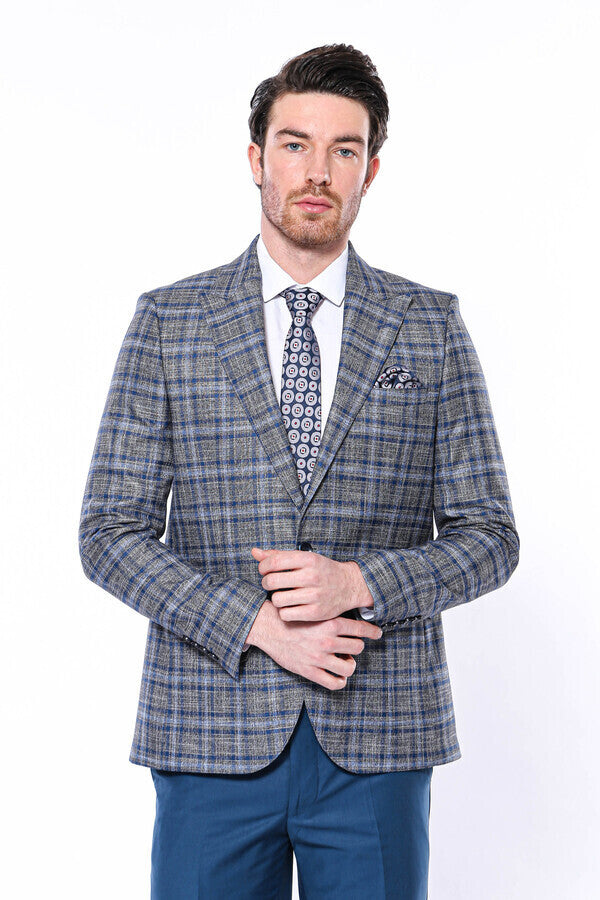 Checked Slim-Fit Single Button Navy Blue Men Blazer - Wessi