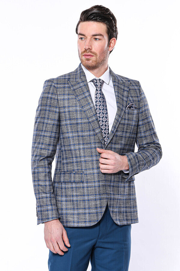 Checked Slim-Fit Single Button Navy Blue Men Blazer - Wessi