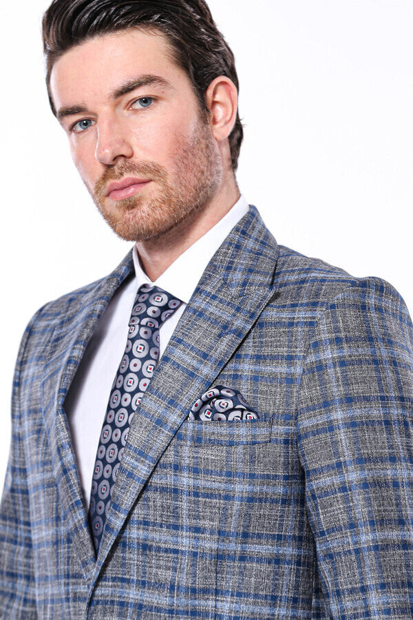 Checked Slim-Fit Single Button Navy Blue Men Blazer - Wessi