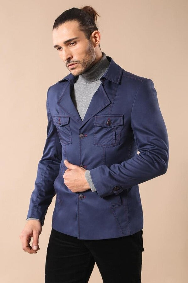 Navy Blue Cotton Trench Coat - Wessi