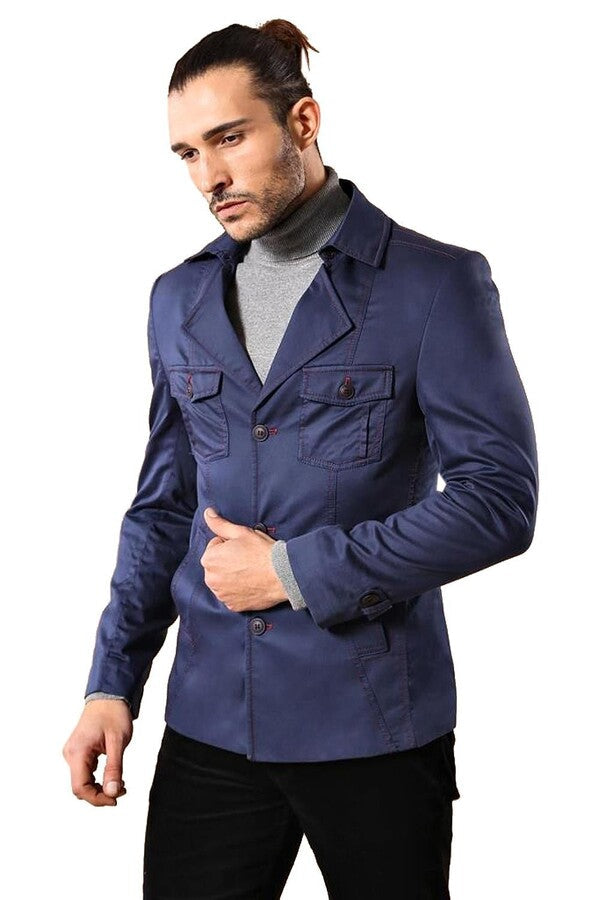 Navy Blue Cotton Trench Coat - Wessi