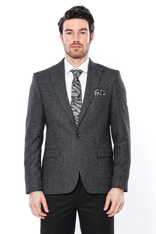 Peak Lapel Dark Grey Blazer - Wessi