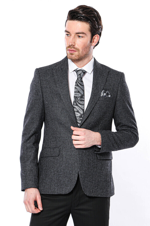 Peak Lapel Dark Grey Blazer - Wessi