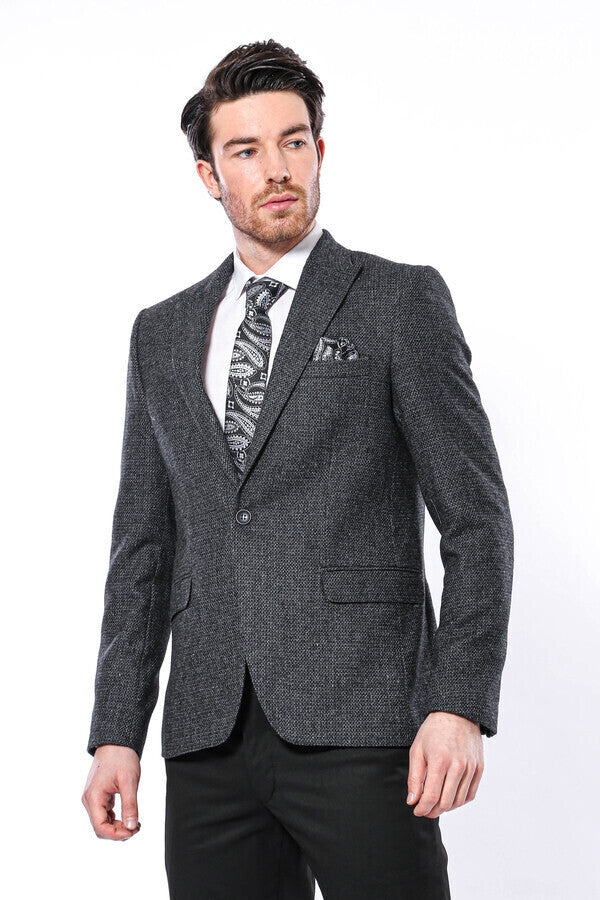 Peak Lapel Dark Grey Blazer - Wessi