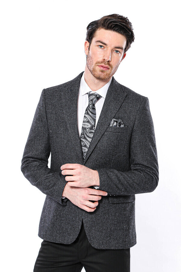 Peak Lapel Dark Grey Blazer - Wessi