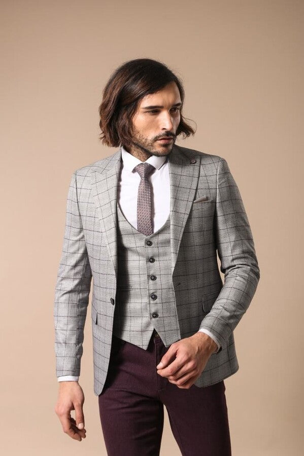 Blazer negro a cuadros con chaleco gris - Wessi