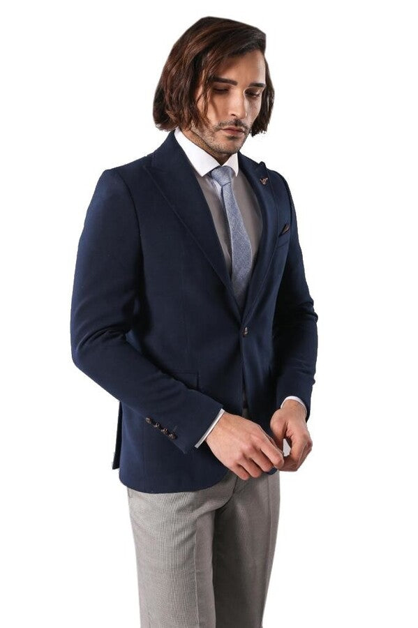 Single Button Pointed Collar Navy Blue Blazer - Wessi