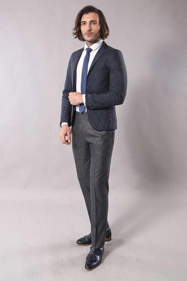 Slim Fit Navy Blue Quilted Blazer - Wessi