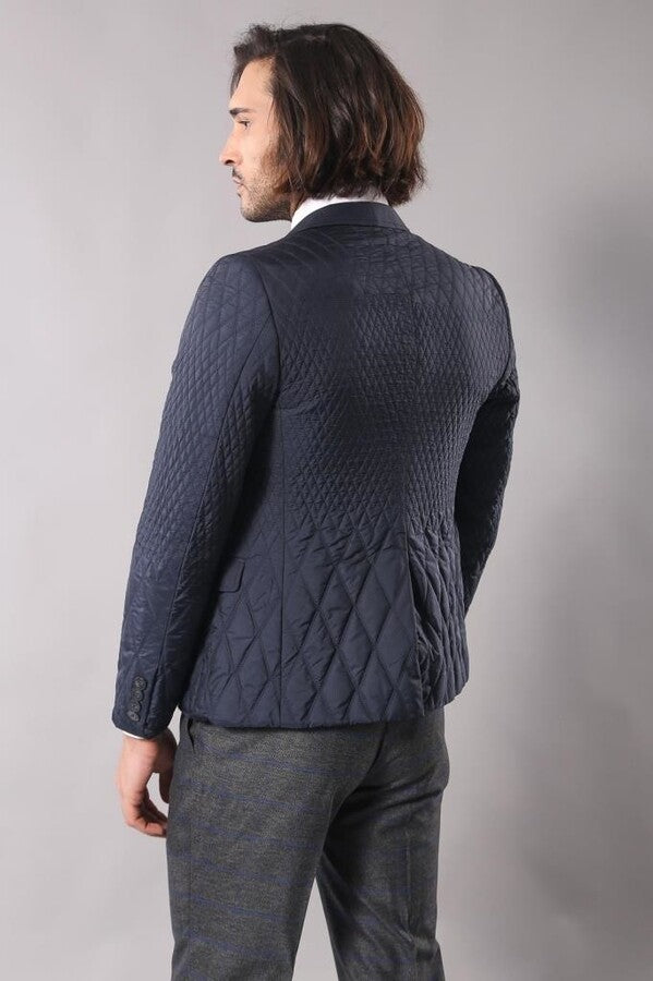 Slim Fit Navy Blue Quilted Blazer - Wessi