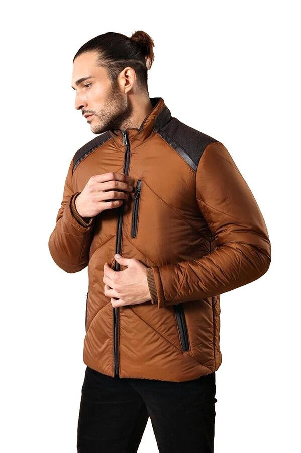 Tan Quilted Down Men Coat - Wessi