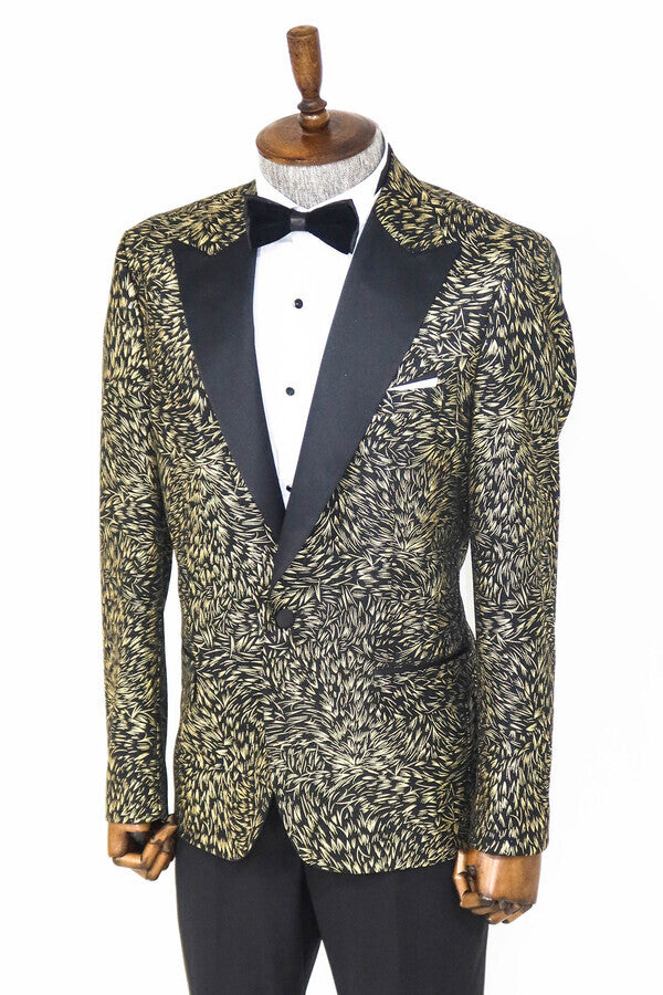 Blazer ajustado de color negro con estampado de plumas para hombre para fiesta de graduación - Wessi