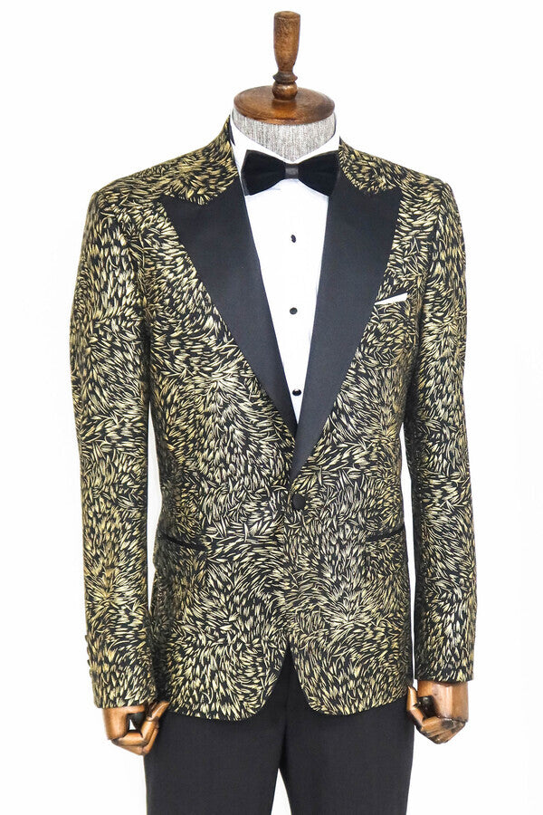 Blazer ajustado de color negro con estampado de plumas para hombre para fiesta de graduación - Wessi