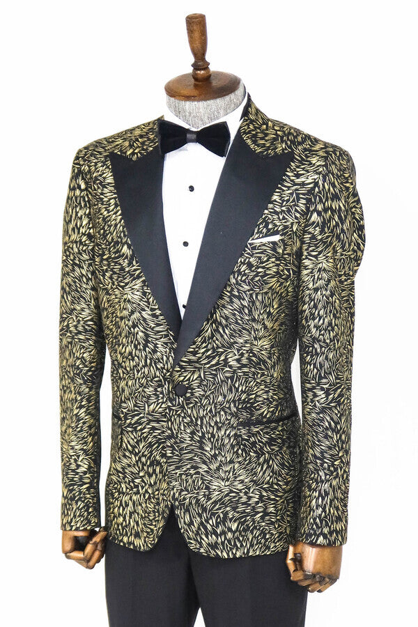 Blazer ajustado de color negro con estampado de plumas para hombre para fiesta de graduación - Wessi