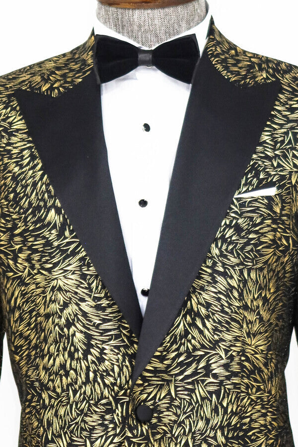 Blazer ajustado de color negro con estampado de plumas para hombre para fiesta de graduación - Wessi