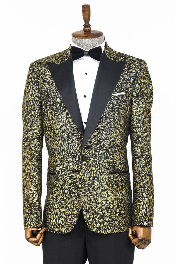 Feather Patterned Slim Fit Black Men Prom Blazer - Wessi