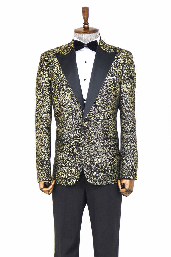 Blazer ajustado de color negro con estampado de plumas para hombre para fiesta de graduación - Wessi