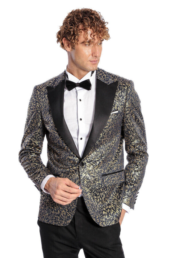 Feather Patterned Slim Fit Navy Blue Men Prom Blazer - Wessi