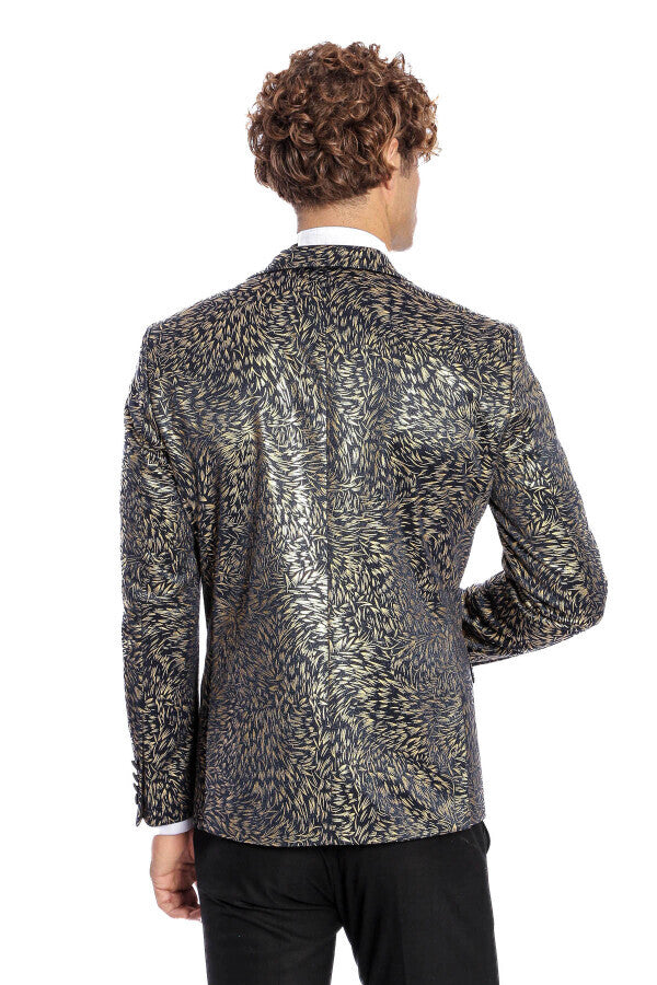 Feather Patterned Slim Fit Navy Blue Men Prom Blazer - Wessi