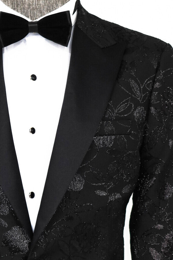 Floral Patterned Black Men Prom Blazer - Wessi