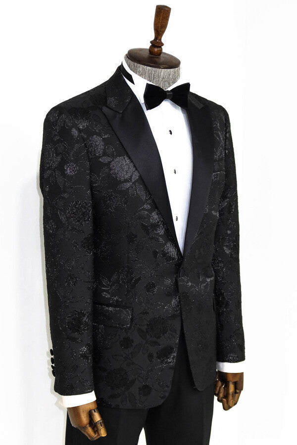 Floral Patterned Black Men Prom Blazer - Wessi