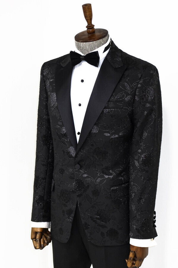 Floral Patterned Black Men Prom Blazer - Wessi