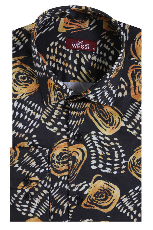 Camisa ajustada de manga larga con estampado floral para hombre, color negro - Wessi