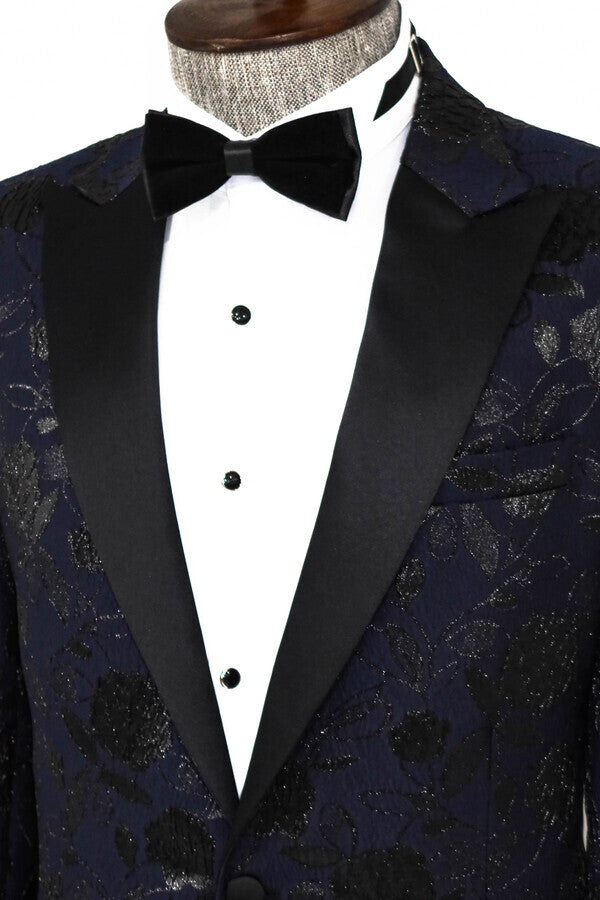 Floral Patterned Navy Blue Men Prom Blazer - Wessi