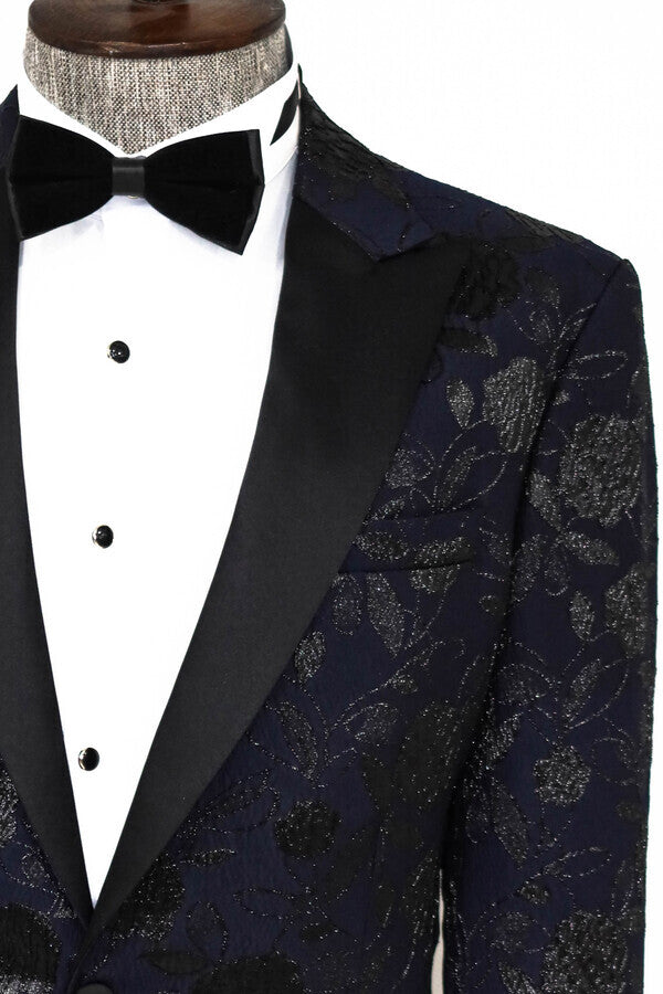 Blazer de fiesta para hombre en azul marino con estampado floral - Wessi