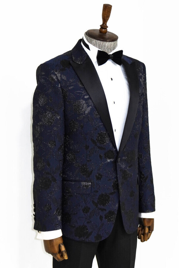 Blazer de fiesta para hombre en azul marino con estampado floral - Wessi