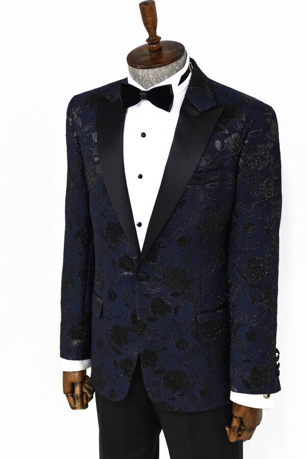 Floral Patterned Navy Blue Men Prom Blazer - Wessi