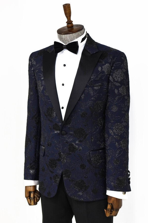 Blazer de fiesta para hombre en azul marino con estampado floral - Wessi