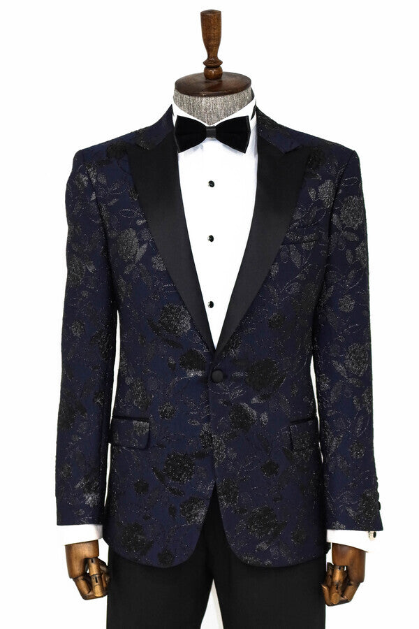 Floral Patterned Navy Blue Men Prom Blazer - Wessi