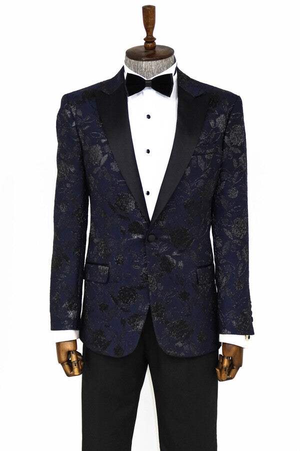 Floral Patterned Navy Blue Men Prom Blazer - Wessi