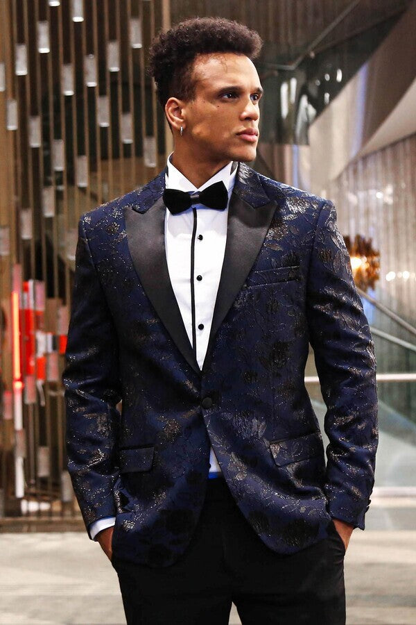 Floral Patterned Navy Blue Men Prom Blazer - Wessi