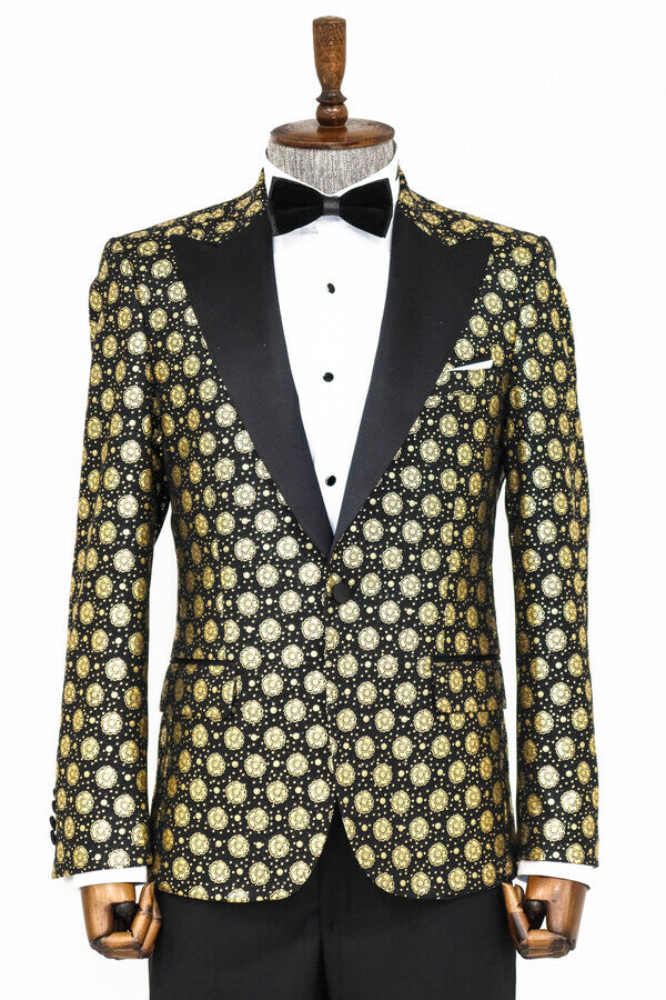 Floral Patterned Peak Lapel Black Men Prom Blazer - Wessi