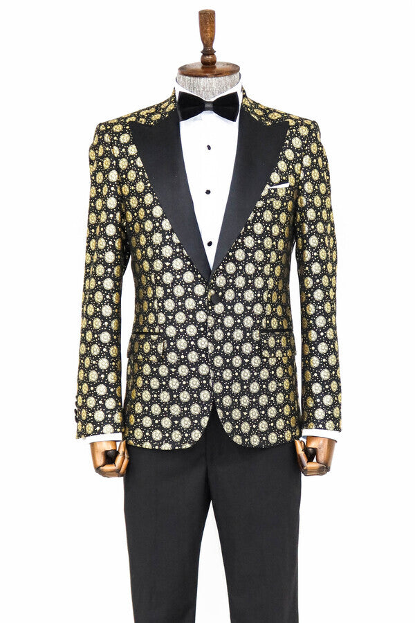 Floral Patterned Peak Lapel Black Men Prom Blazer - Wessi