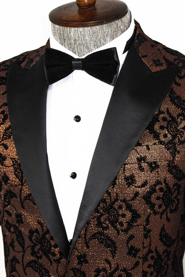 Floral Patterned Peak Lapel Gold Men Prom Blazer - Wessi