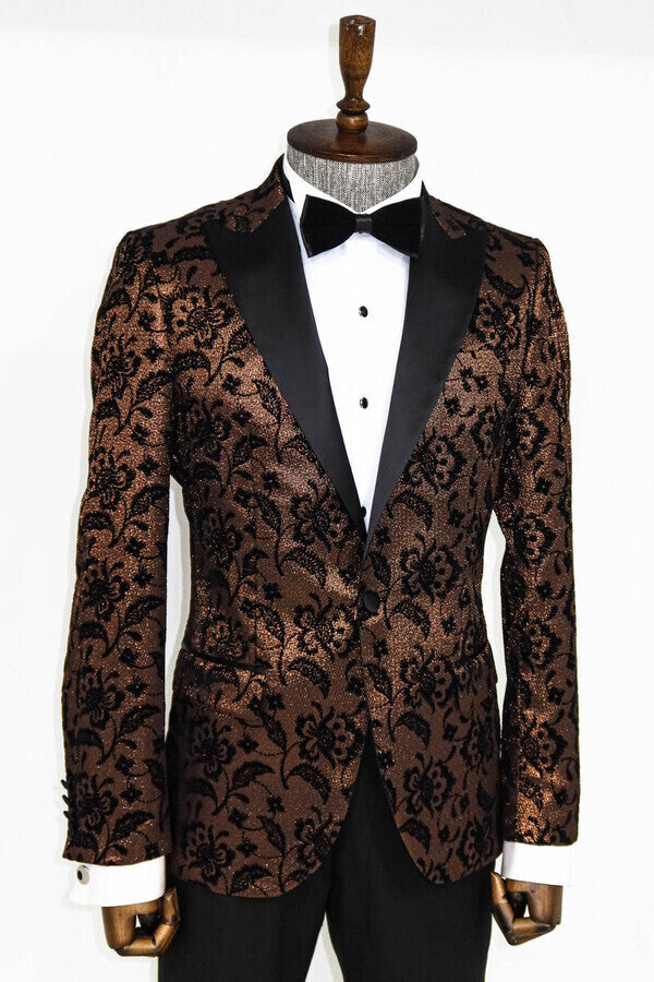 Floral Patterned Peak Lapel Gold Men Prom Blazer - Wessi