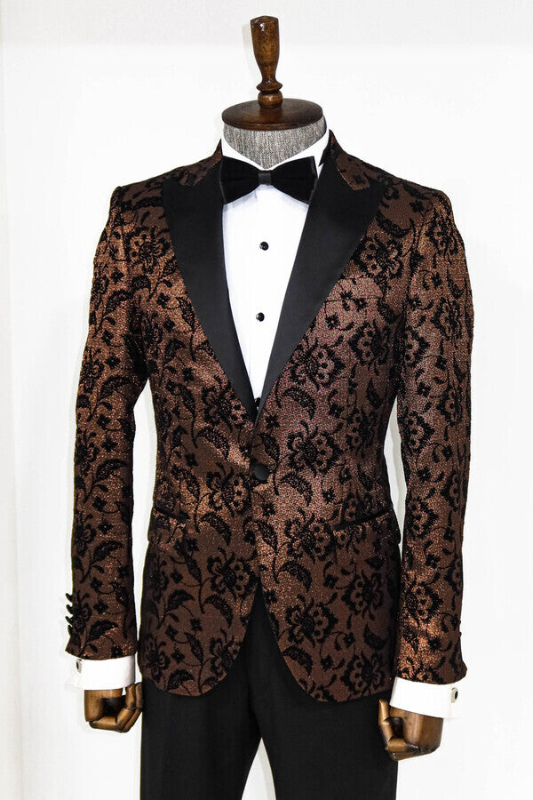 Blazer de fiesta para hombre dorado con solapa de pico y estampado floral - Wessi